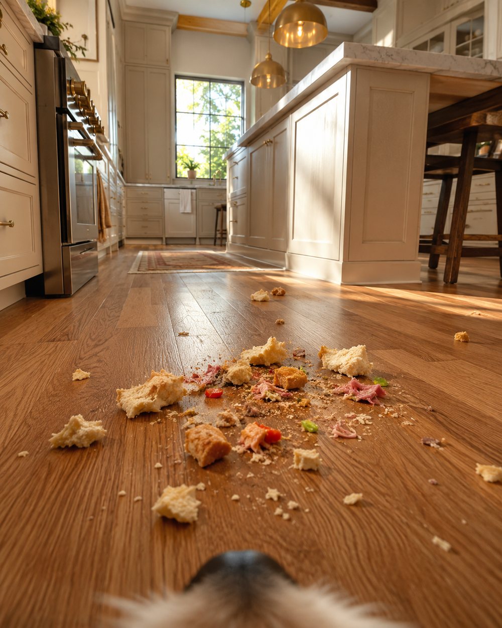 Dog's point of view discovering crumbs on the kitchen floor
